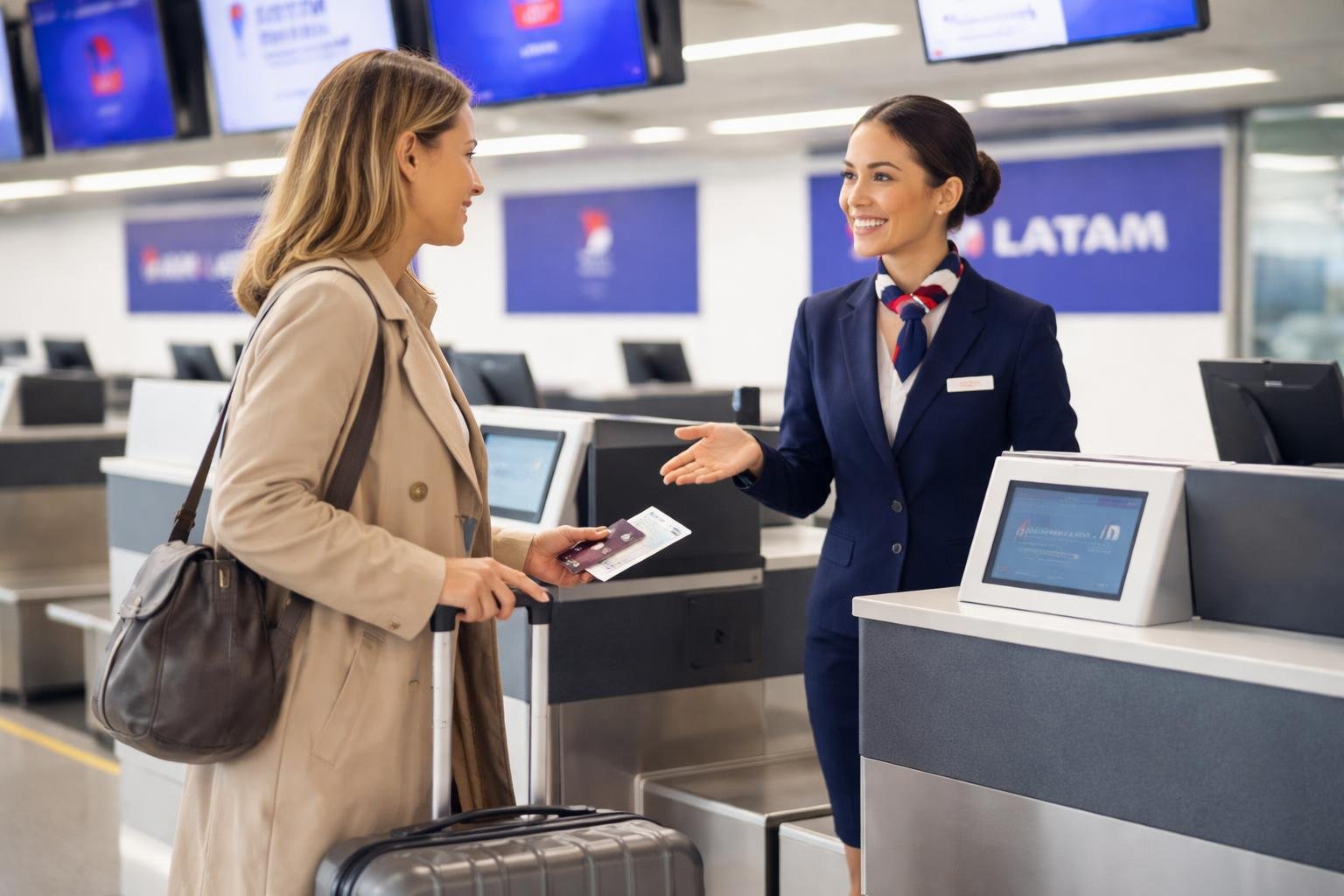 Funcionário de companhia aérea atendendo um passageiro com mala no balcão de check-in do aeroporto.
