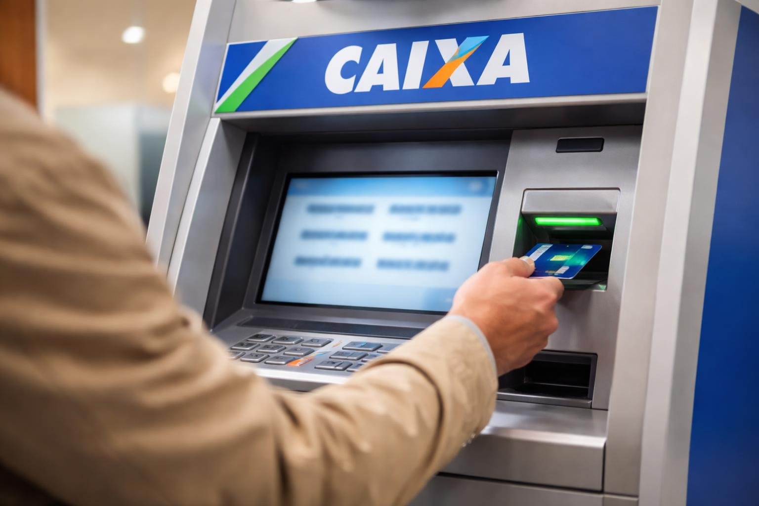 Pessoa realizando saque em caixa eletrônico da Caixa Econômica Federal.