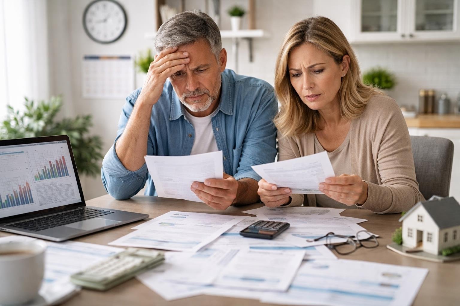 Casal preocupado sentado à mesa com documentos e laptop, demonstrando estresse financeiro em casa.