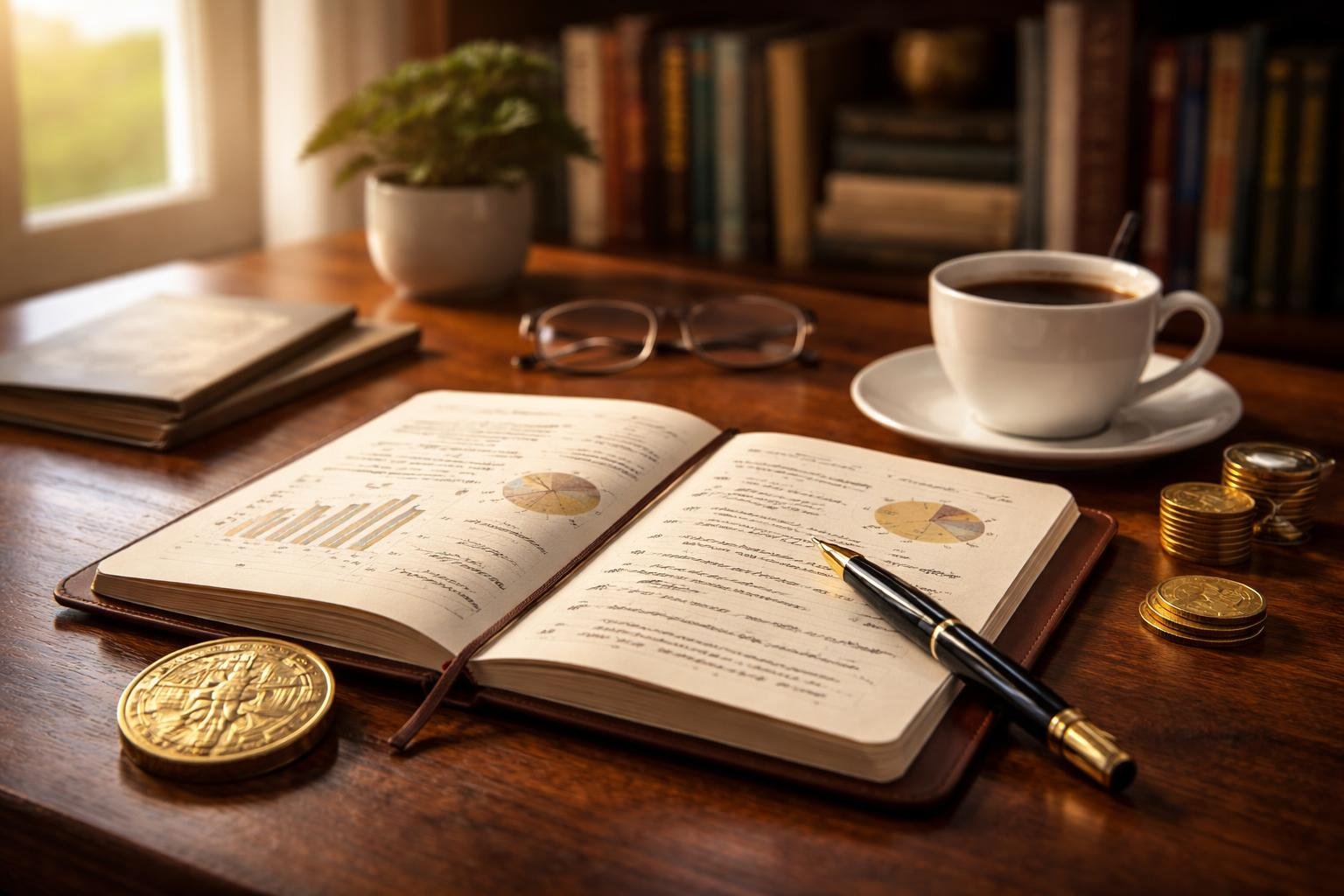 Mesa de trabalho com caderno aberto, moeda antiga de ouro, caneta e xícara de café, com estante de livros ao fundo.