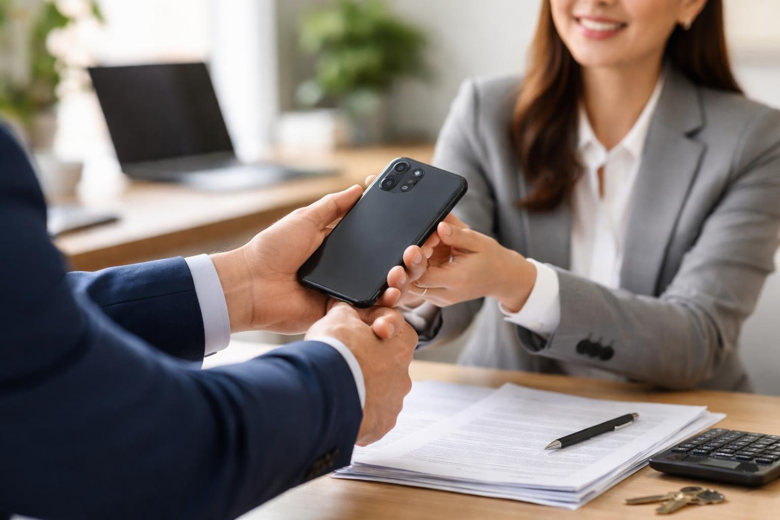 Pessoa entregando um smartphone para um profissional de empréstimo em um escritório moderno.