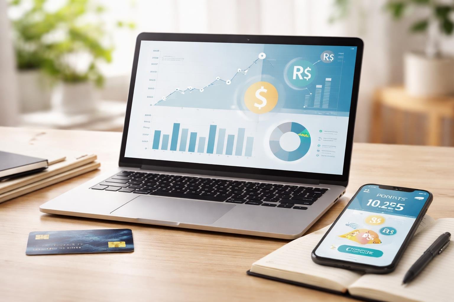 Mesa de trabalho moderna com laptop mostrando gráficos financeiros, cartão de crédito, smartphone com aplicativo de pontos e caderno com caneta.
