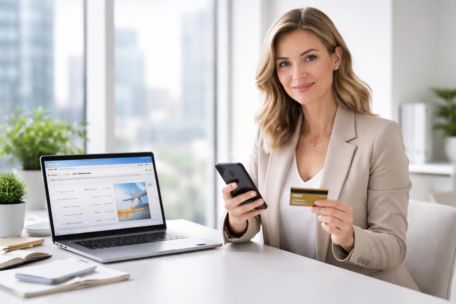 Mulher de negócios sorrindo sentada em uma mesa moderna com smartphone e cartão de crédito, com laptop aberto mostrando site de viagens em um escritório iluminado.