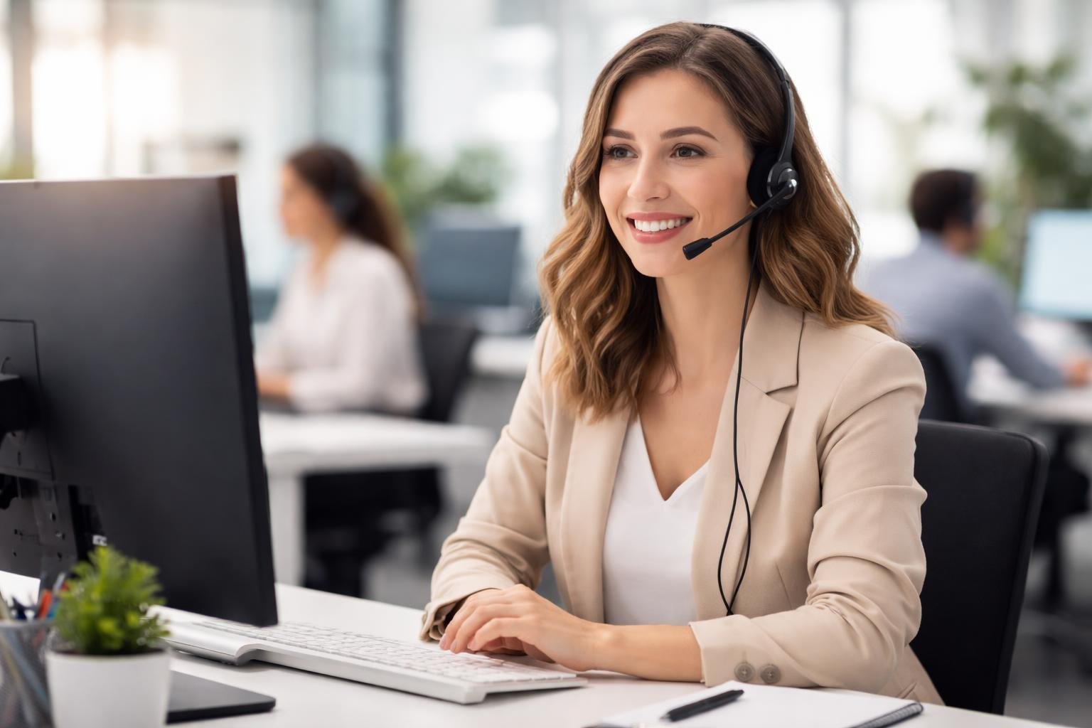 Atendente de serviço ao cliente sorrindo e falando ao telefone em um escritório moderno.