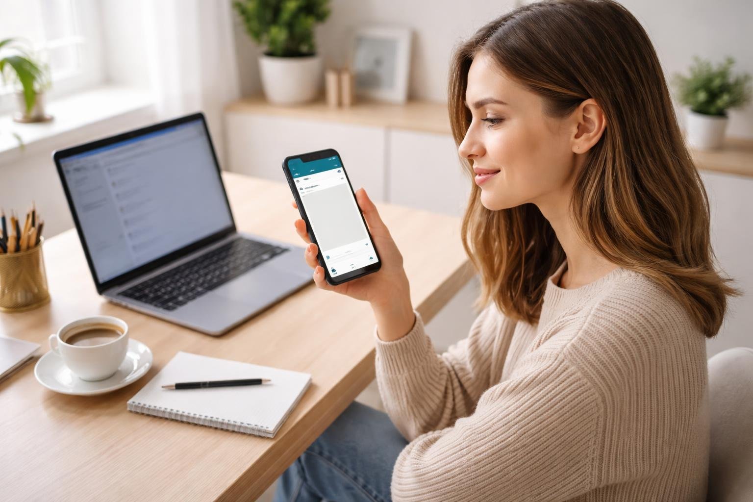 Mulher sentada em uma mesa moderna, conversando pelo celular via WhatsApp em um ambiente de escritório em casa bem iluminado.