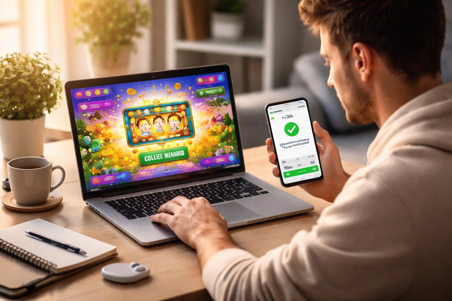 Pessoa sentada em uma mesa com laptop mostrando um jogo e um celular exibindo uma confirmação de pagamento PIX.