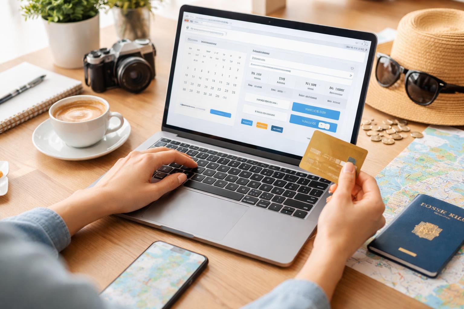 Pessoa usando laptop para planejar viagem, com passaporte, cartão de crédito e celular sobre a mesa.