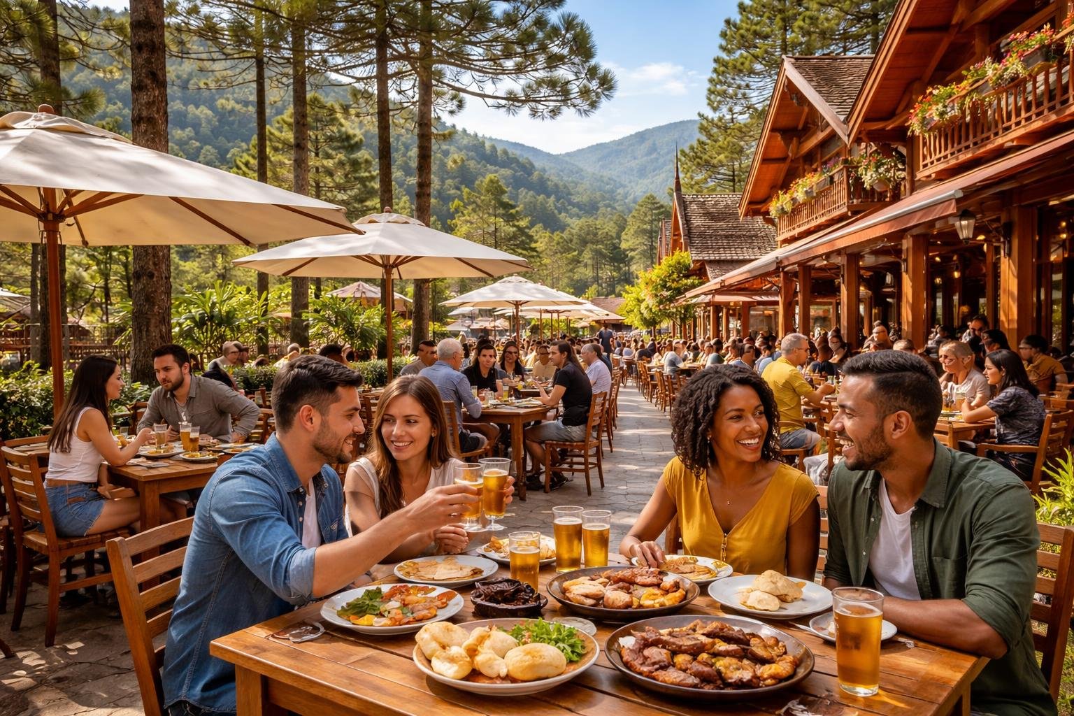 Área externa de restaurante aconchegante em Campos do Jordão com pessoas desfrutando de refeições ao ar livre, rodeada por árvores e montanhas.