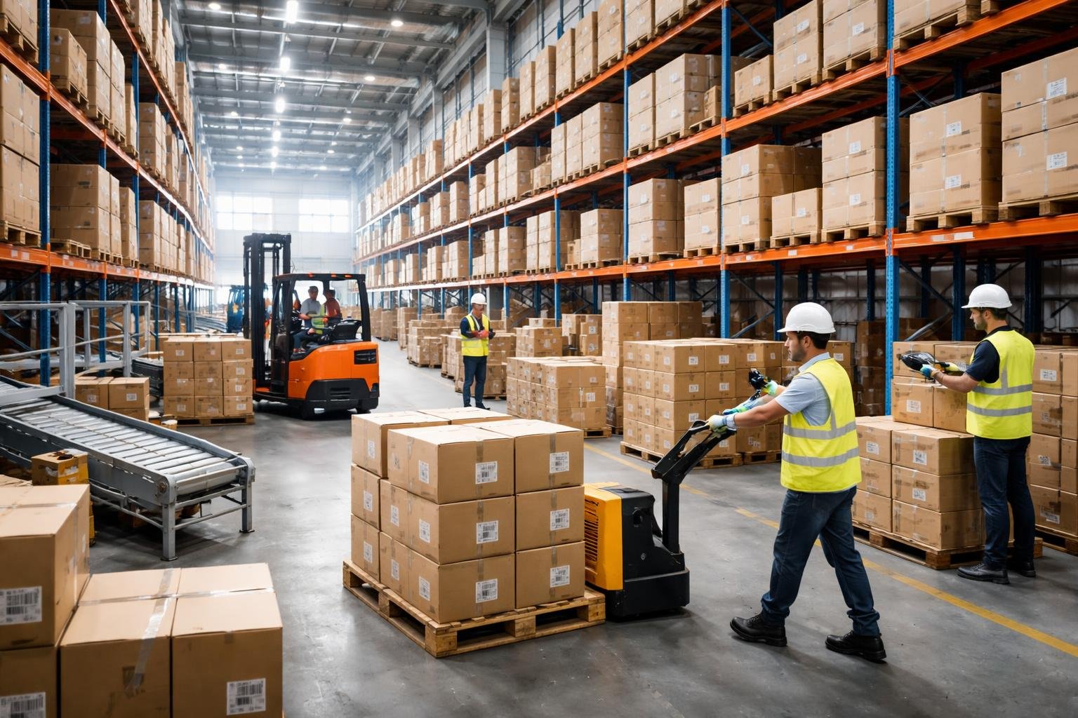 Funcionários em um armazém organizado manuseando caixas empilhadas, com empilhadeiras e equipamentos de logística.