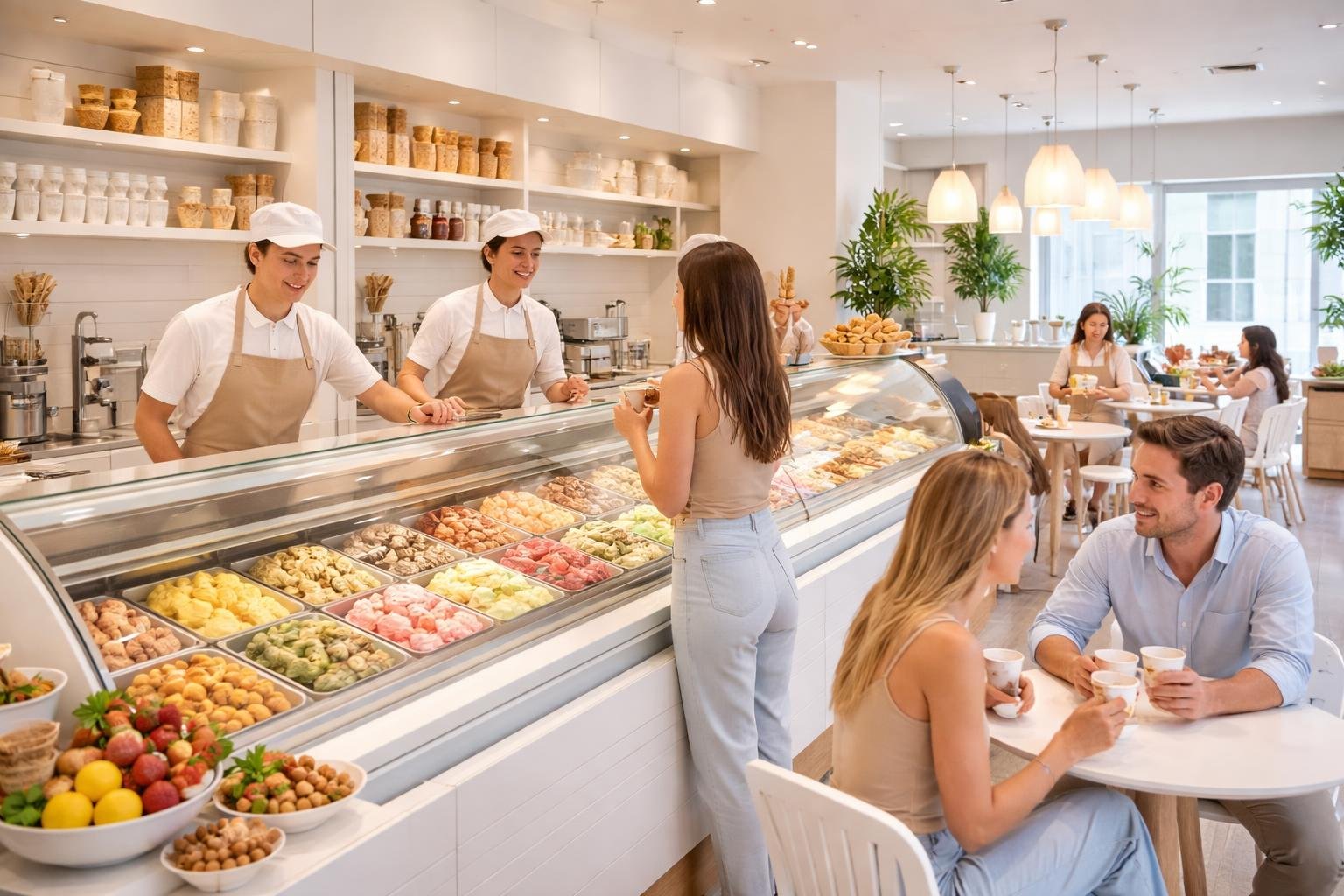 Interior de uma sorveteria Bacio di Latte com balcões de gelato, funcionários atendendo clientes e pessoas saboreando sorvete em mesas.