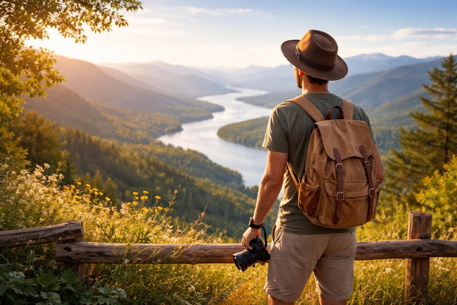 Pessoa jovem com mochila olhando para uma paisagem natural com colinas, rio e montanhas ao pôr do sol.