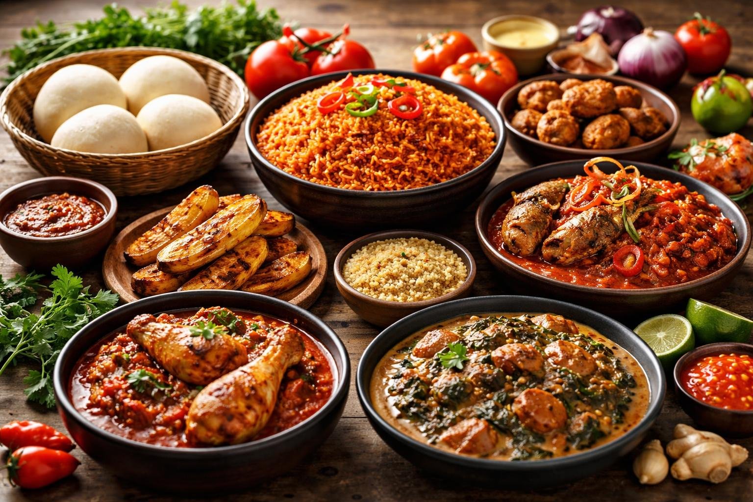 Mesa com pratos tradicionais de comidas de origem africana, incluindo arroz jollof, fufu, banana-da-terra grelhada e ensopados coloridos.