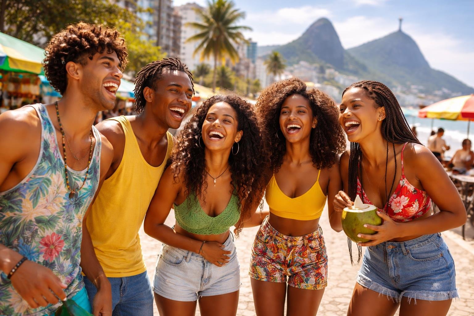 Grupo de jovens sorrindo e conversando em uma rua ensolarada do Rio de Janeiro, com o Pão de Açúcar e o Cristo Redentor ao fundo.