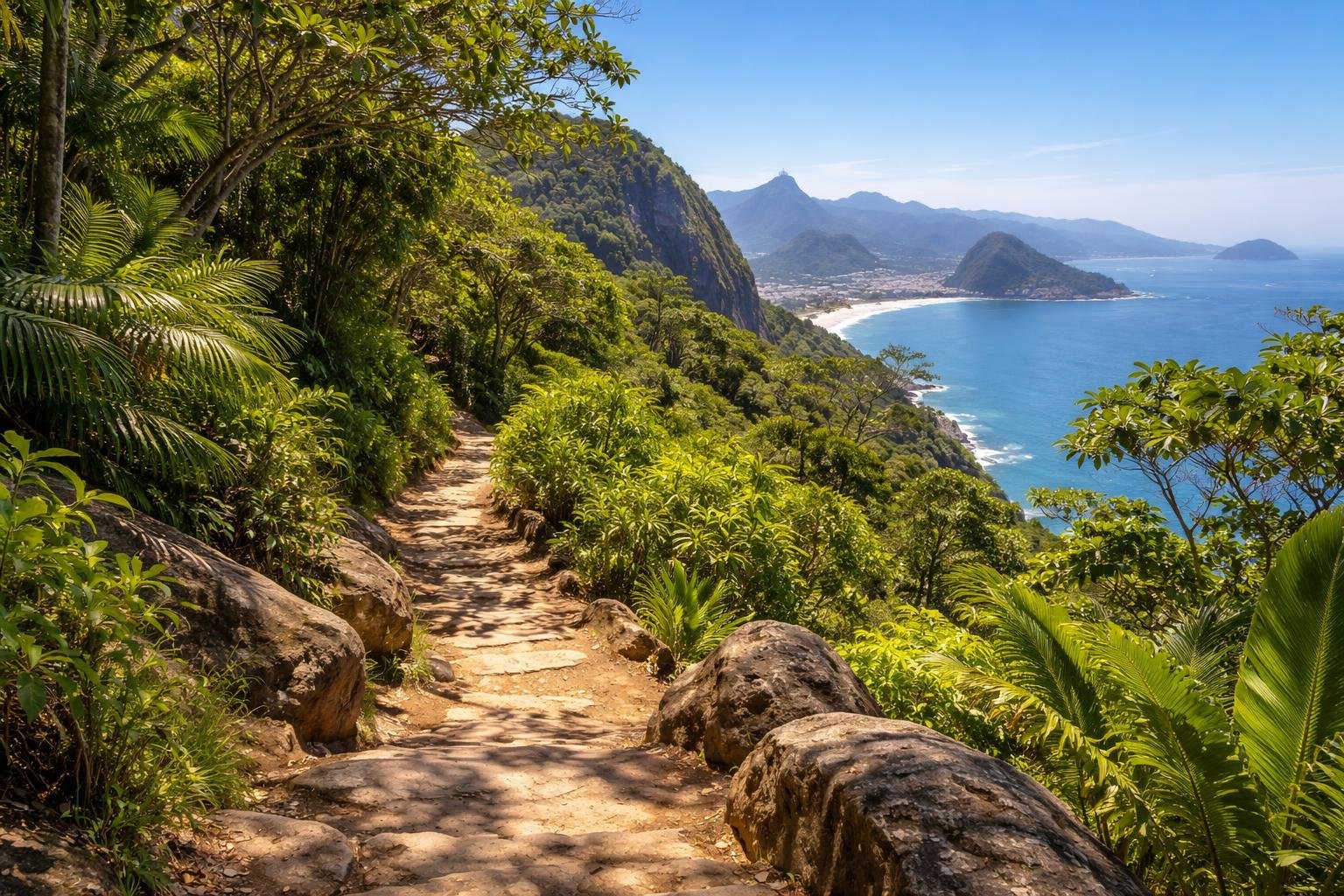 Trilha da Urca com vegetação verde, rochas e vista do mar e montanhas ao fundo em um dia ensolarado.