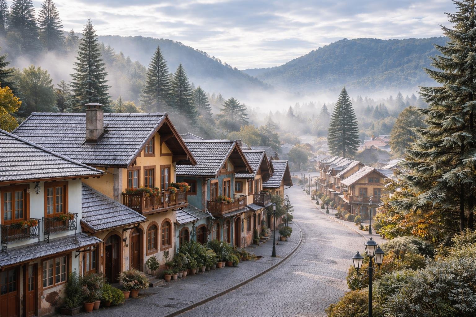 Vista de uma pequena cidade fria do Nordeste do Brasil com casas coloridas, árvores de pinheiro e neblina cobrindo as ruas vazias.