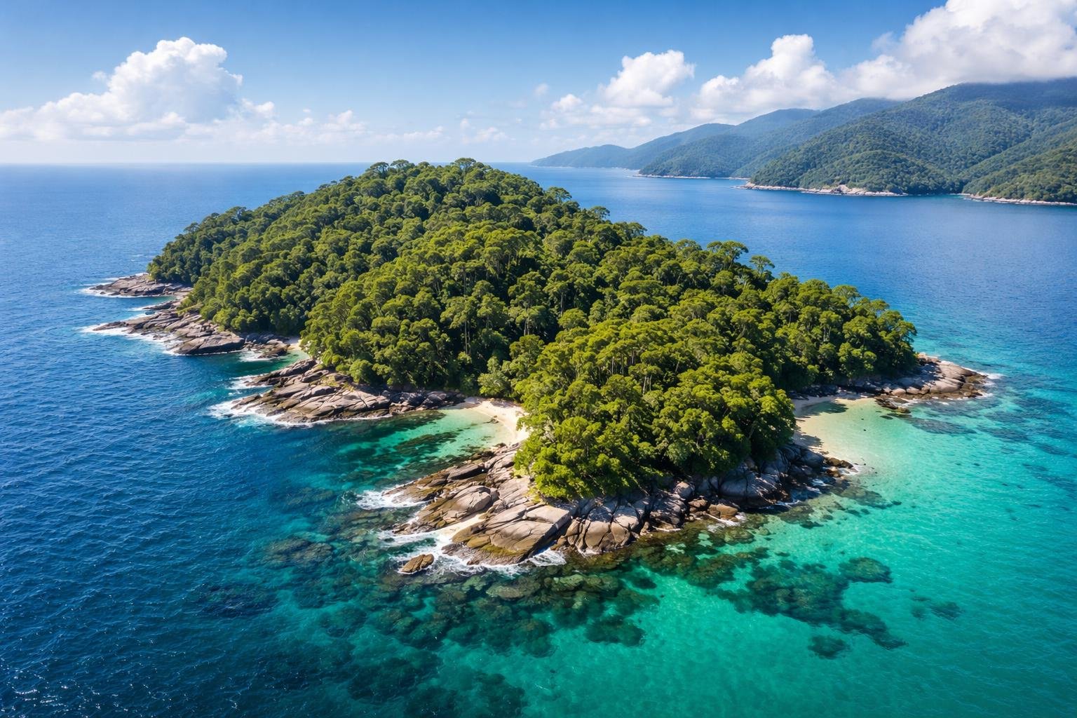 Vista aérea de uma ilha tropical coberta por árvores verdes e cercada por águas azuis claras.