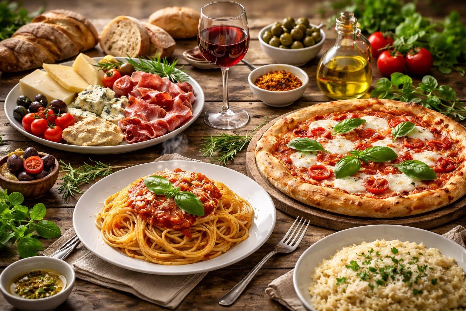 Mesa com pratos típicos da Itália, incluindo espaguete, pizza, risoto, queijos, embutidos e vinho tinto.