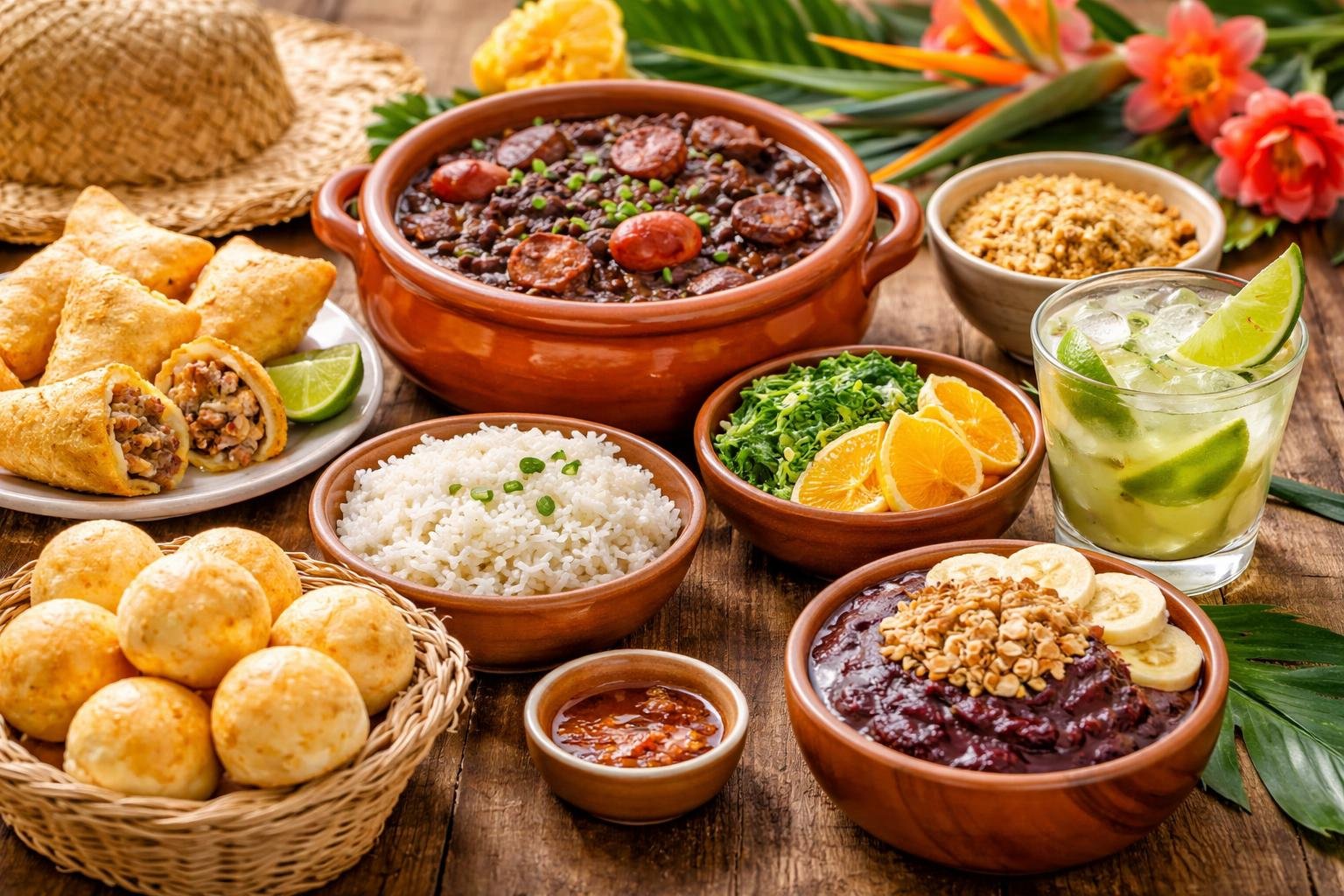 Mesa com pratos típicos do Rio de Janeiro, incluindo feijoada, pastel, açaí, pão de queijo e uma caipirinha, em um ambiente iluminado e acolhedor.