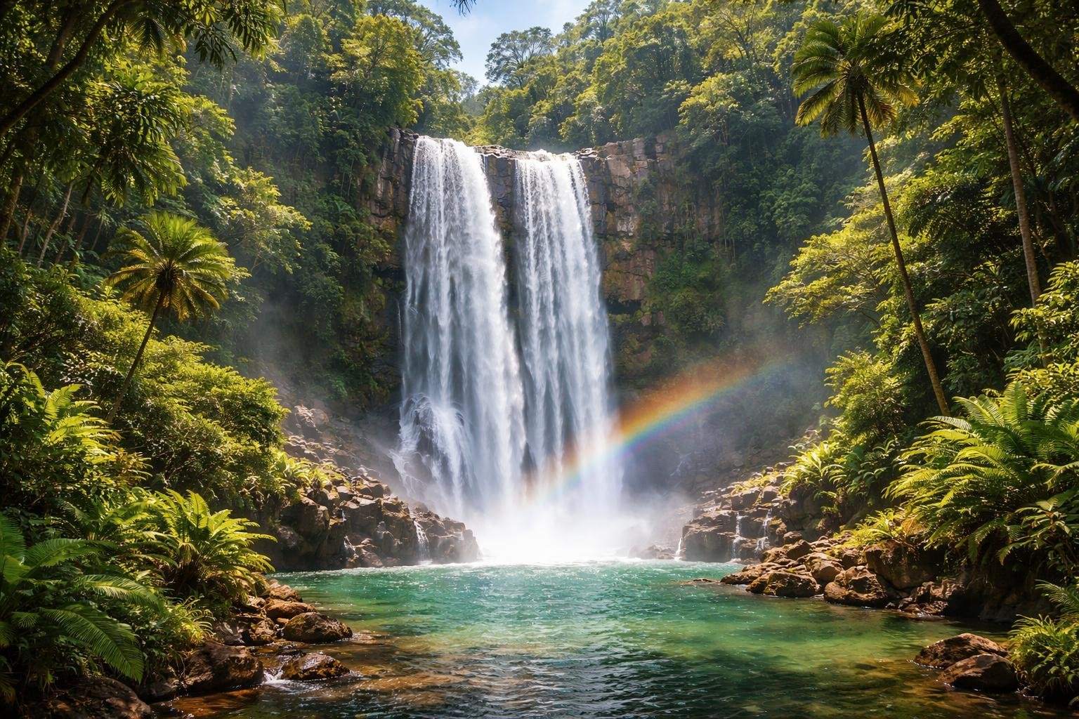 Cachoeira majestosa caindo por penhascos rochosos cercados por vegetação tropical verde e densa.