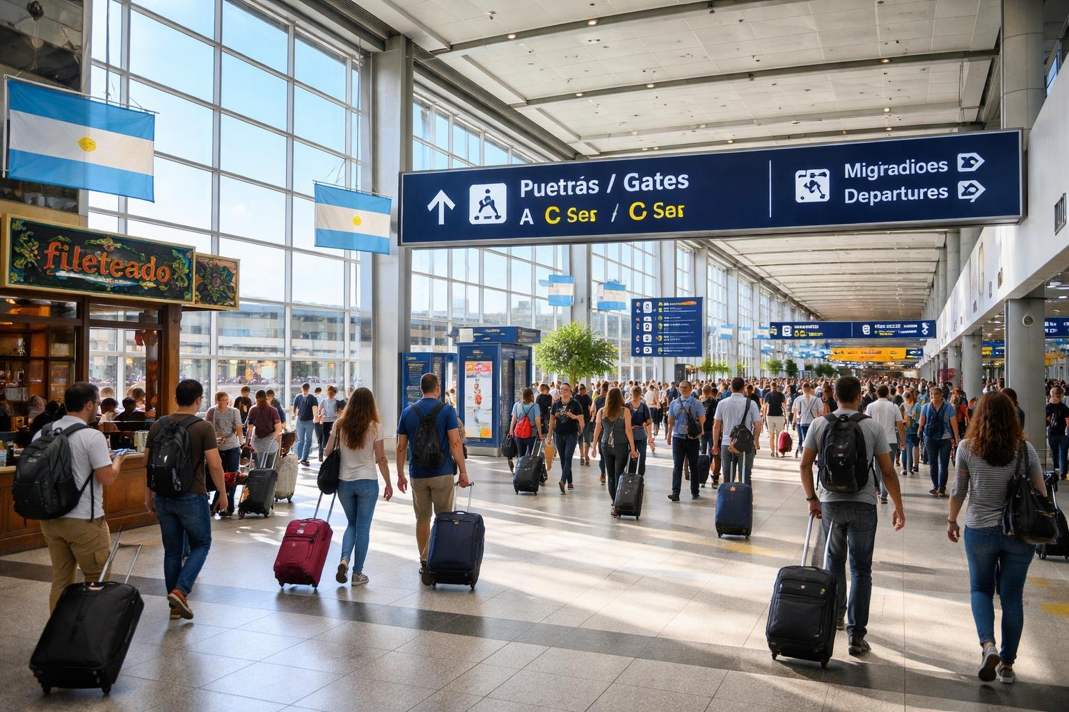 Terminal movimentado do aeroporto em Buenos Aires com passageiros caminhando e luz natural entrando pelas janelas grandes.