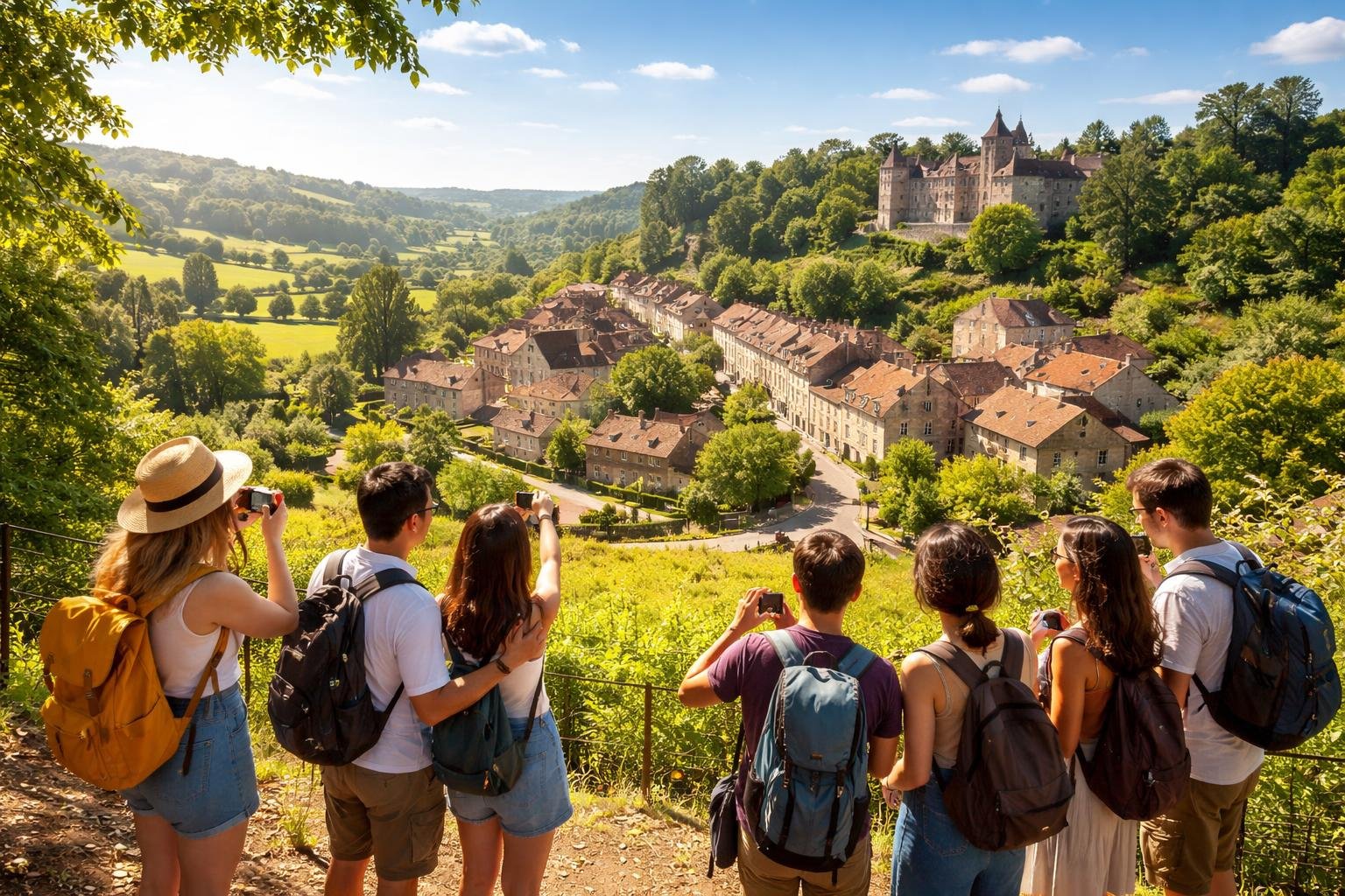 Turistas aproveitando um passeio de um dia em uma vila francesa com casas de pedra, campos verdes e um castelo ao fundo.