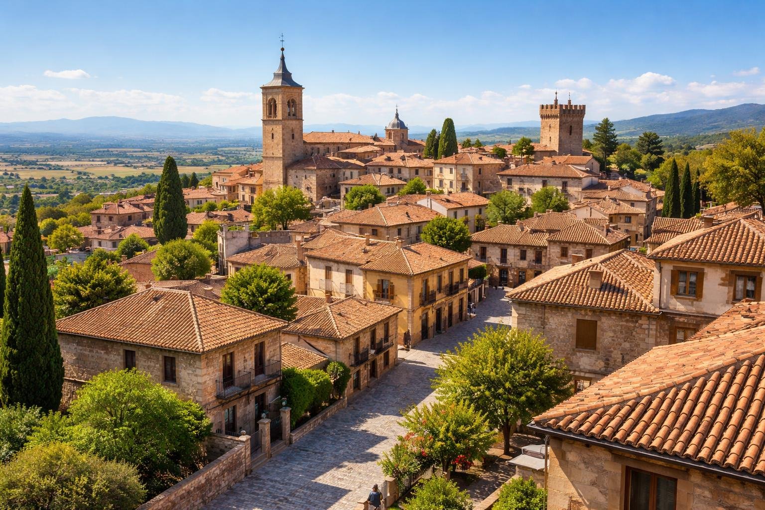 Vista panorâmica de pequenas cidades próximas a Madrid com casas tradicionais, telhados de terracota e colinas ao fundo em um dia ensolarado.