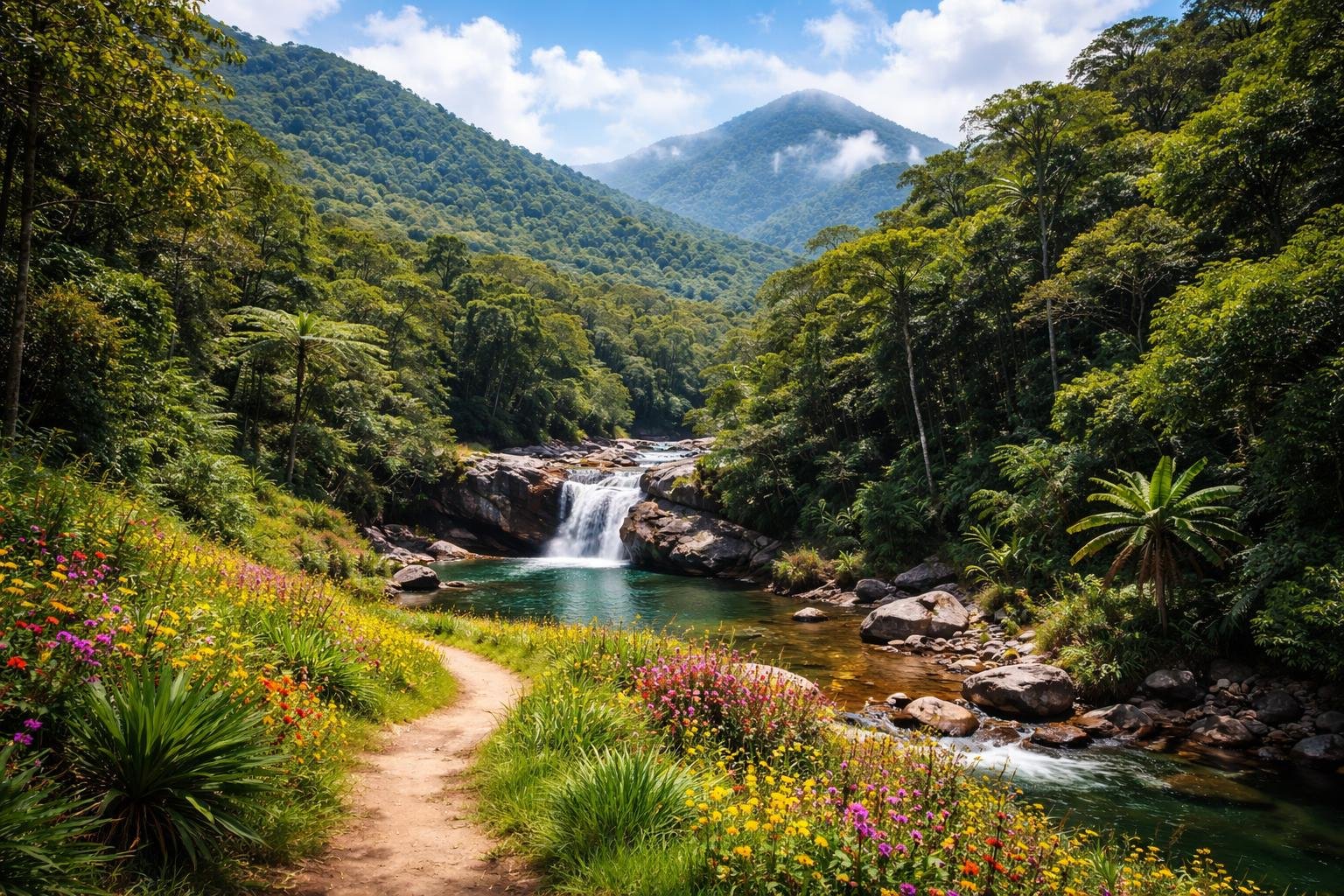 Paisagem natural com colinas verdes, uma pequena cachoeira e vegetação densa perto de Curitiba.