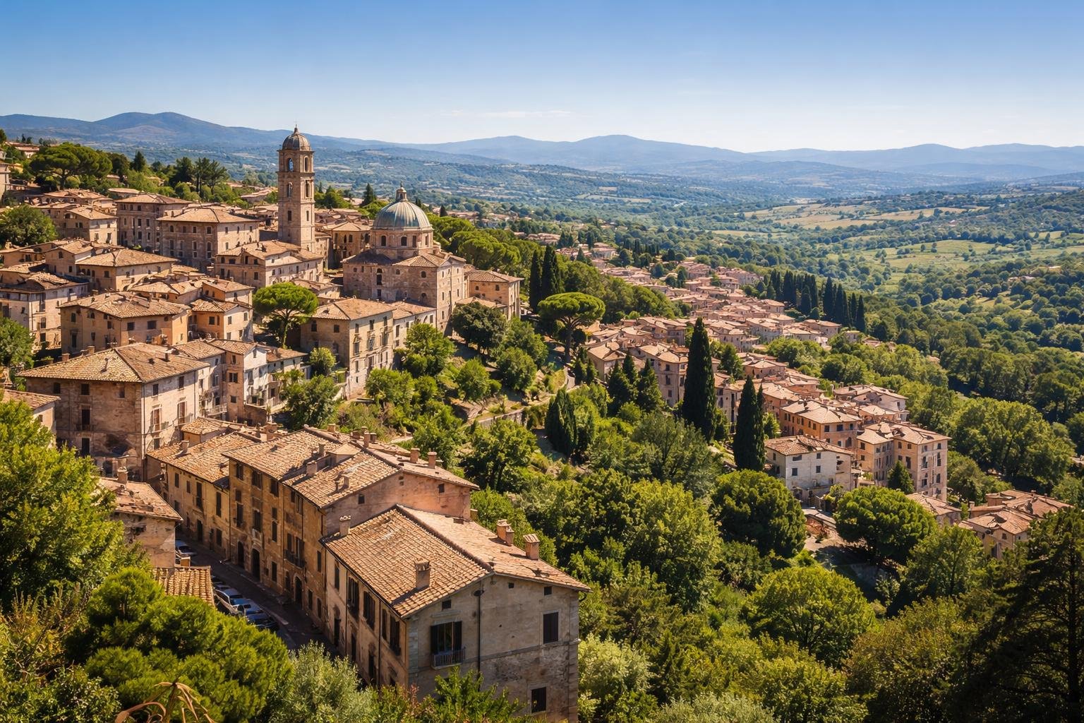 Vista panorâmica de cidades históricas próximas a Roma com telhados de terracota, ruas de paralelepípedos e colinas ao fundo.