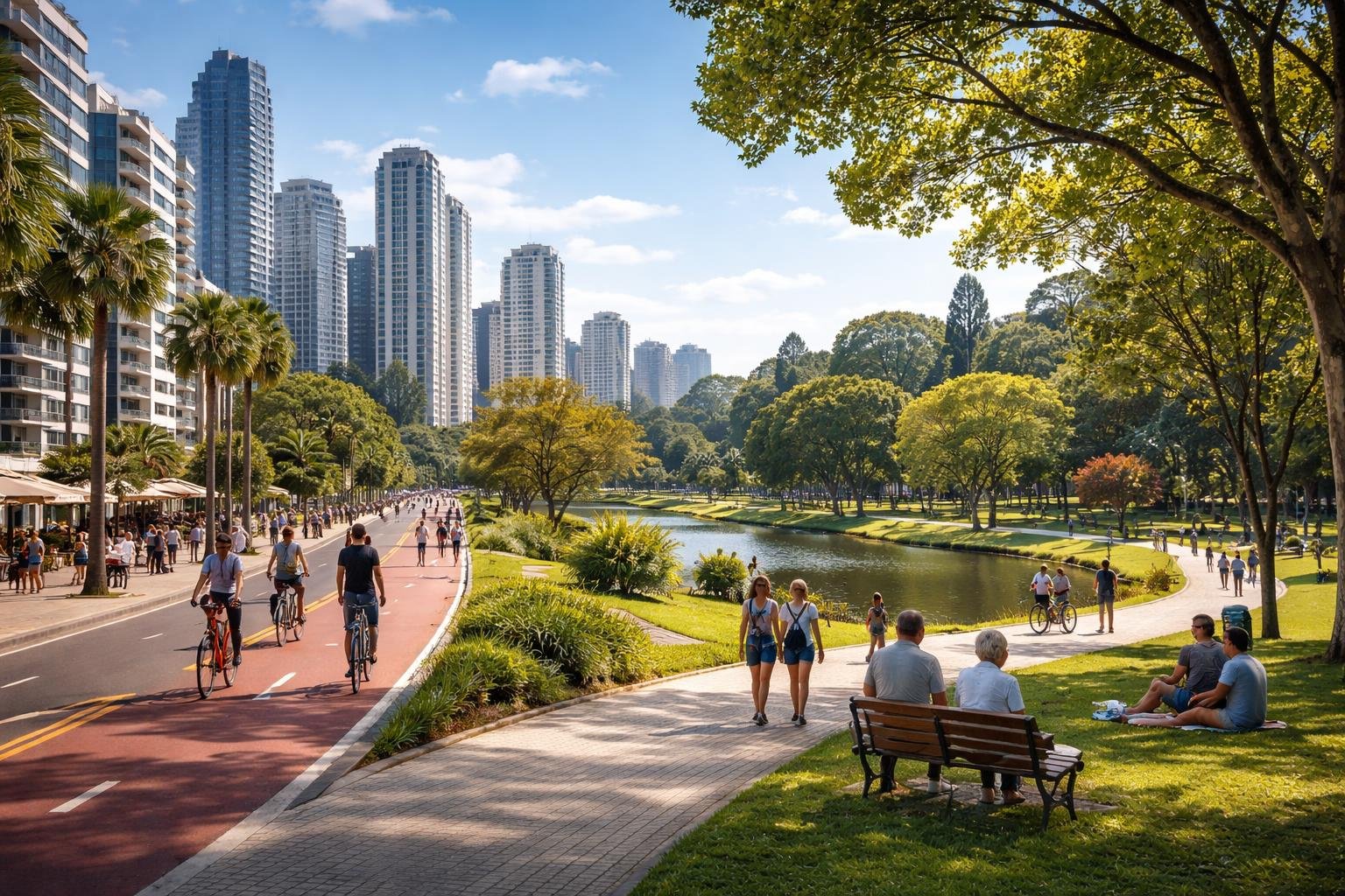 Vista da cidade de Curitiba mostrando prédios modernos ao lado de áreas verdes com pessoas caminhando e aproveitando o parque.