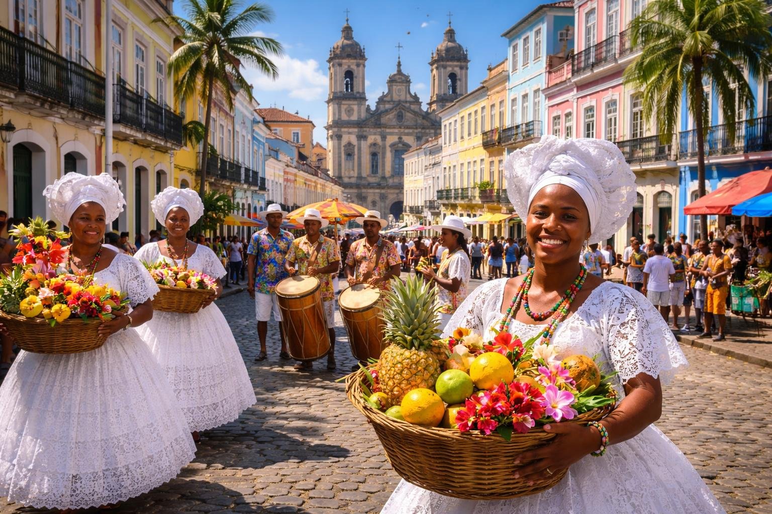 Mulheres baianas vestidas com roupas tradicionais em uma rua colorida de Salvador, com arquitetura colonial ao fundo e músicos tocando instrumentos típicos.
