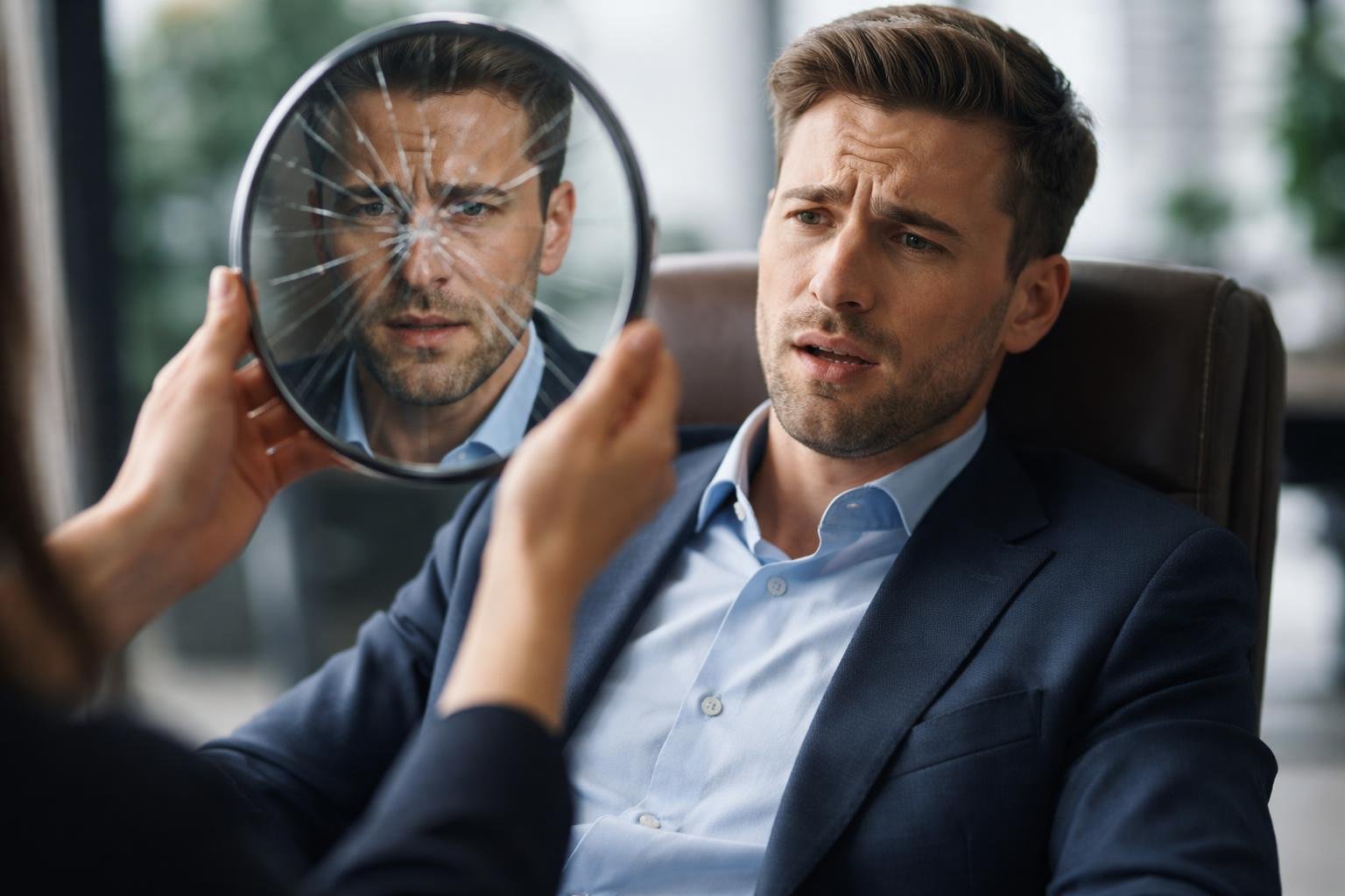Homem bem vestido sentado em cadeira de escritório olhando para um espelho com reflexo distorcido, mostrando surpresa e desconforto.