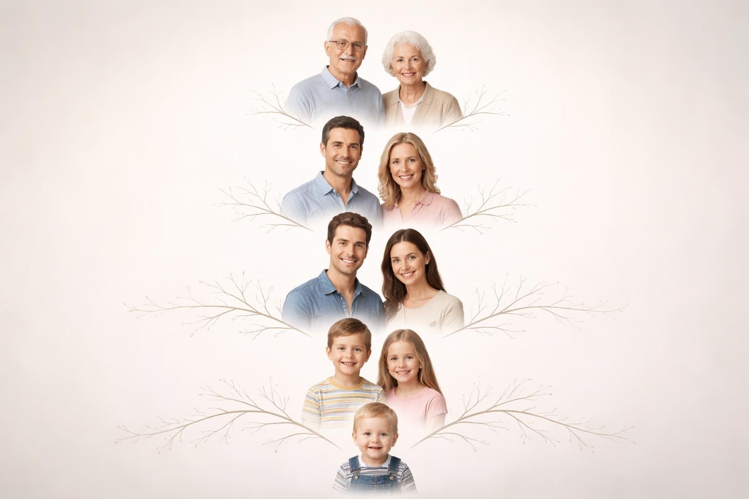 Representação visual de uma árvore genealógica mostrando várias gerações de uma família conectadas por linhas.