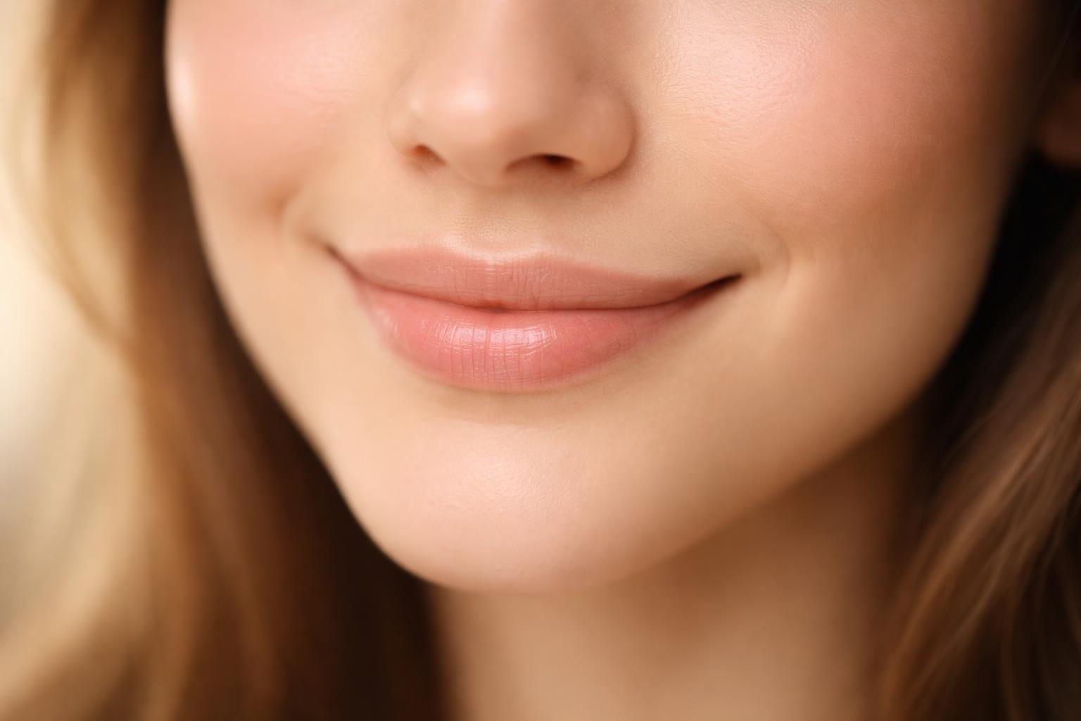 Close-up do sorriso suave e discreto de uma pessoa.