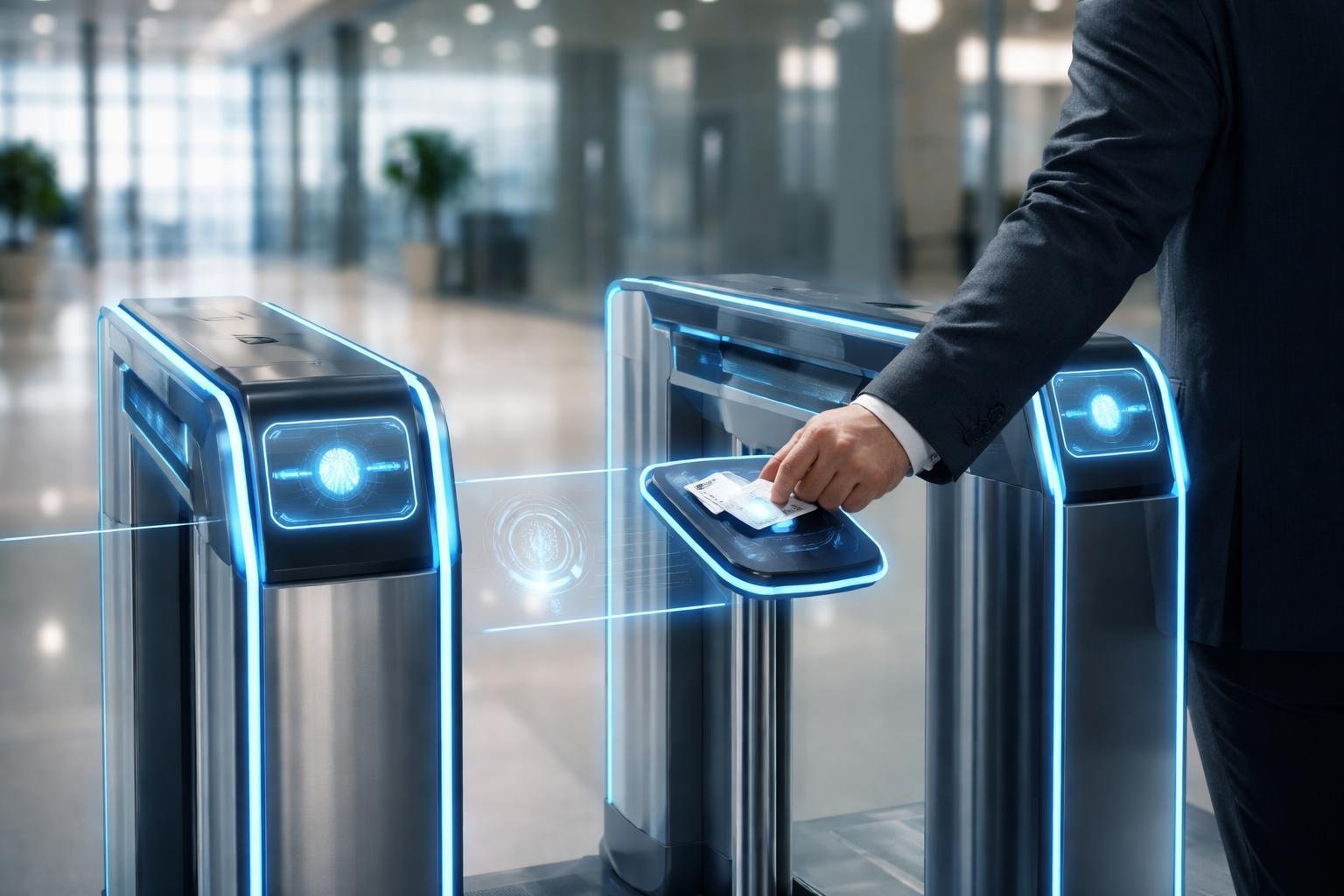 Dispositivo futurista de escaneamento de segurança em um ambiente corporativo moderno, com uma pessoa passando a mão ou crachá pelo scanner.