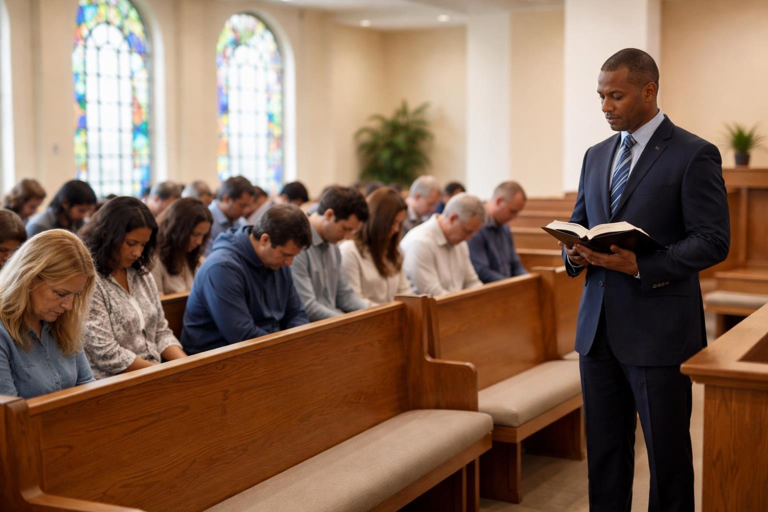 Pessoas sentadas em bancos de igreja Batista, rezando em silêncio, com um pastor segurando uma Bíblia próximo ao púlpito.