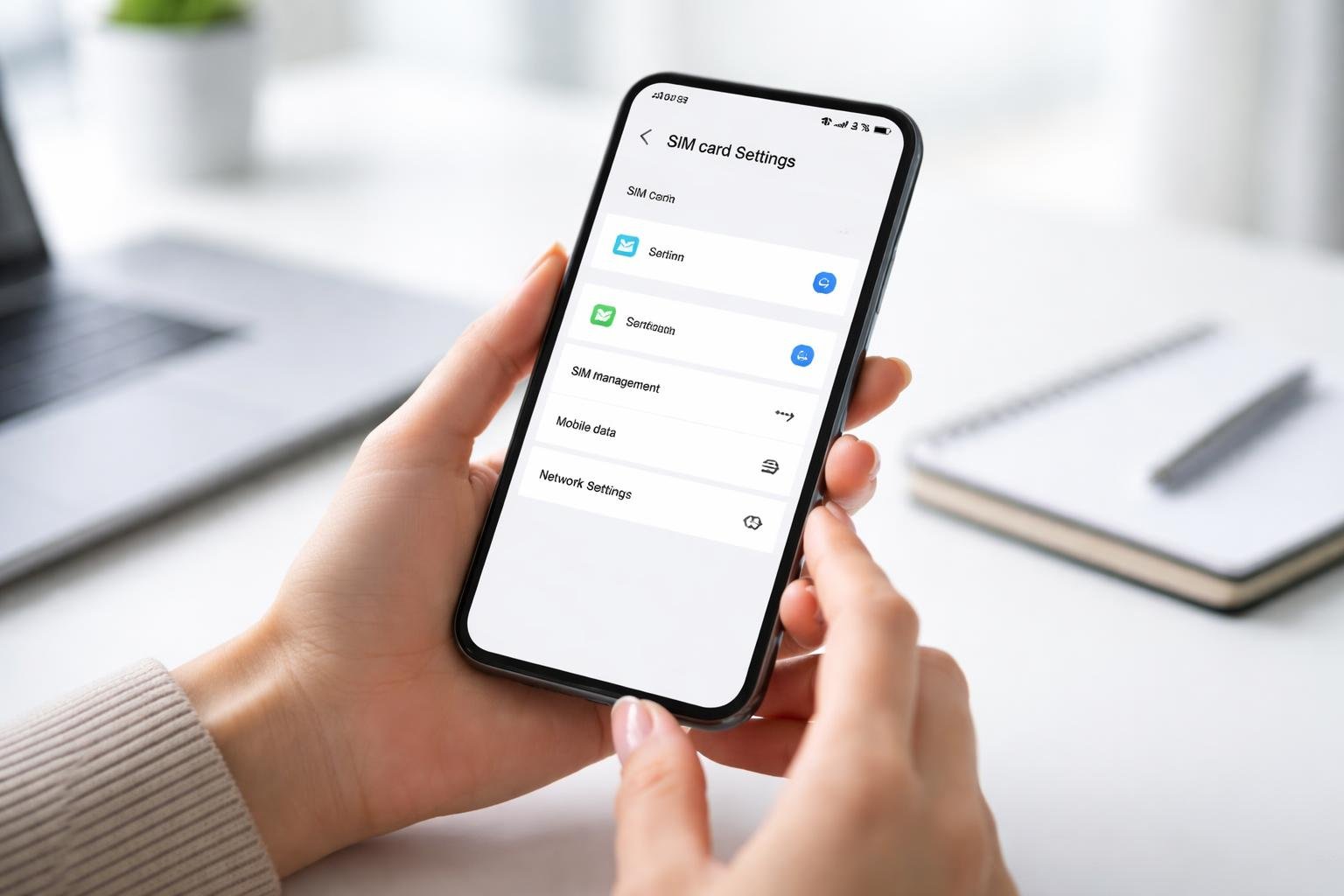 Pessoa segurando um smartphone com a tela de configurações de chip aberta, em um ambiente de escritório claro e organizado.