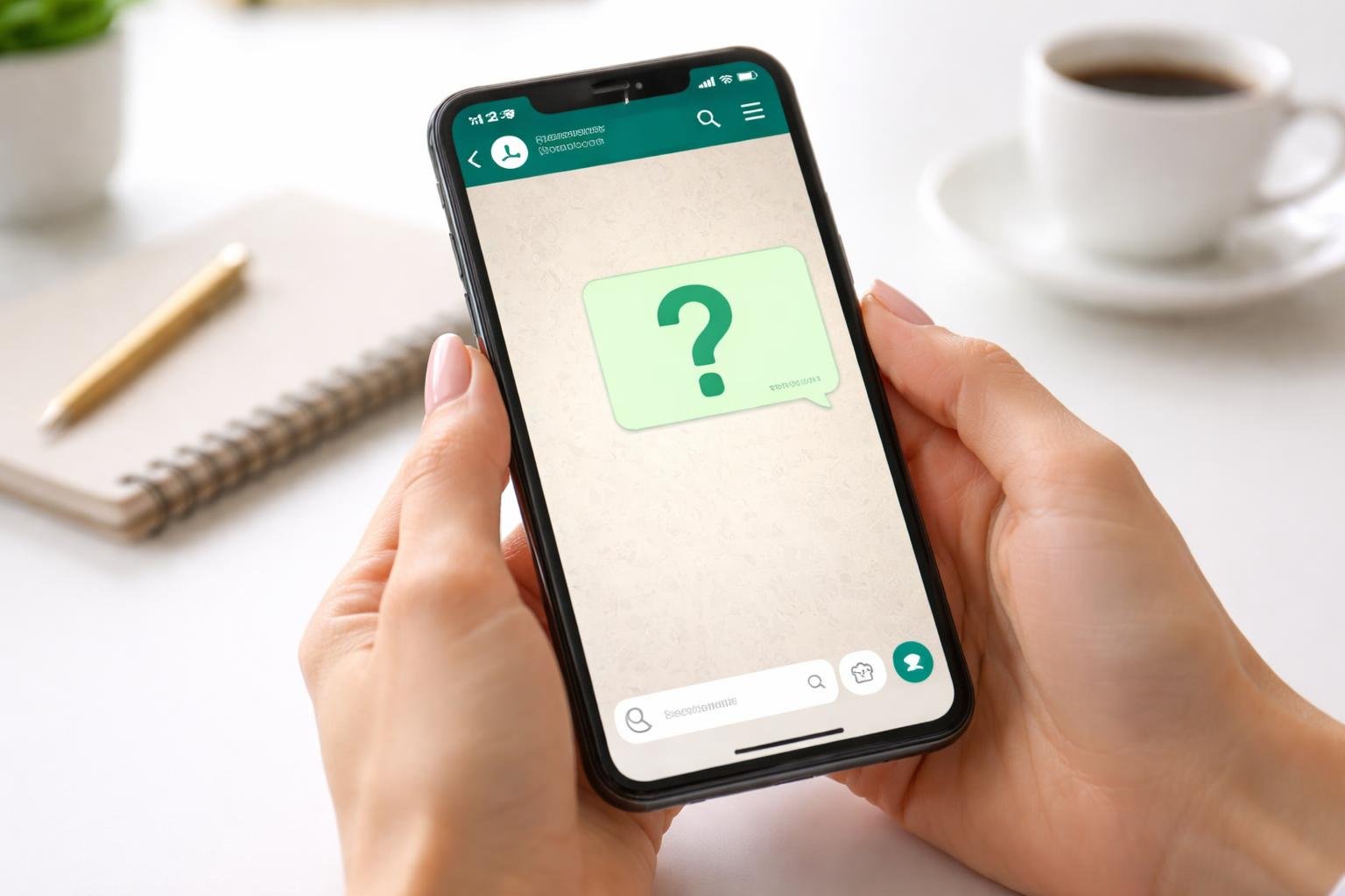 Pessoa segurando um smartphone com a tela do WhatsApp aberta em uma mesa de escritório organizada.