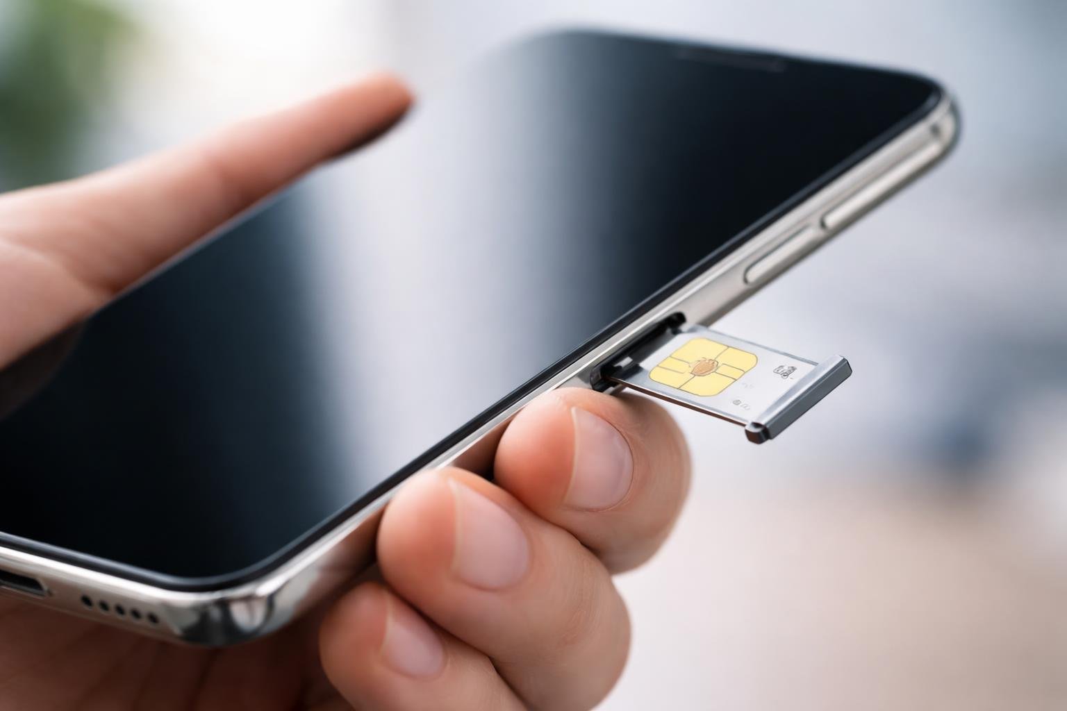 Mão segurando um smartphone com o compartimento do chip parcialmente aberto, mostrando um chip SIM.