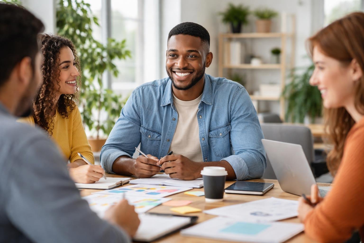 Um grupo diversificado de jovens adultos em um escritório moderno, interagindo de forma amigável com um homem chamado Gabriel sorrindo no centro da cena.