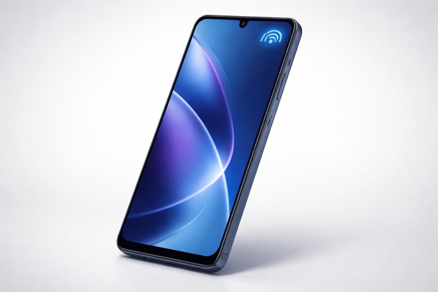 Renderização 3D de um smartphone moderno azul com um símbolo sutil de NFC iluminado na tela, sobre fundo claro.