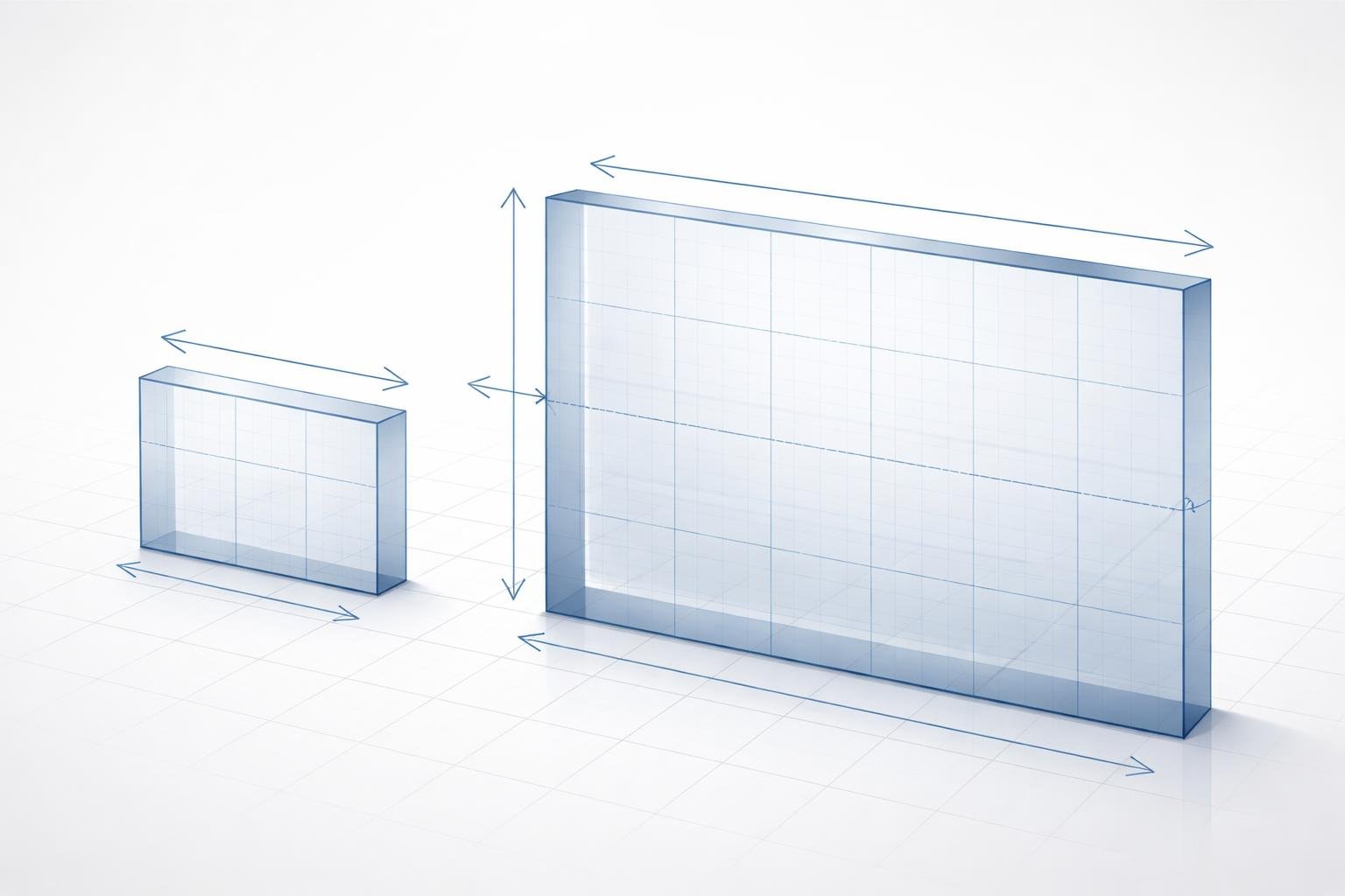 Renderização 3D mostrando dois retângulos lado a lado, um menor e outro maior três vezes mais largo e duas vezes mais alto, ilustrando a escala 3x2.