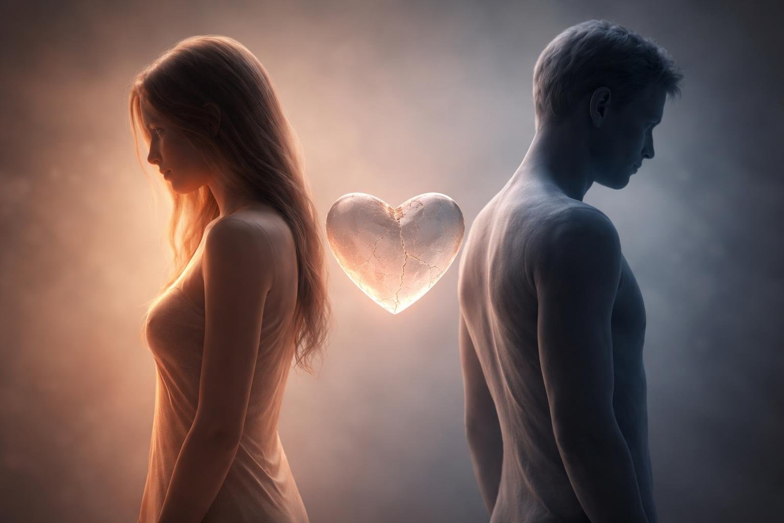 Duas figuras humanas próximas, de costas uma para a outra, com um coração de vidro flutuando entre elas, simbolizando amor e indiferença.