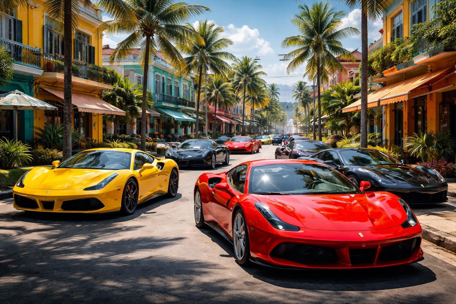 Vários carros Ferrari estacionados em uma rua ensolarada com prédios coloridos e árvores ao redor.