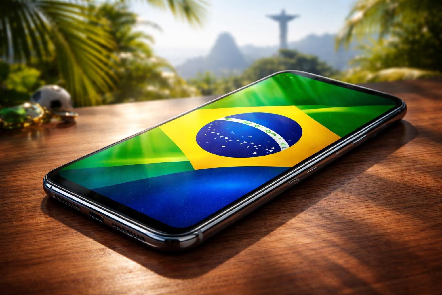 Um smartphone moderno brasileiro em uma superfície de madeira com um papel de parede colorido inspirado na bandeira do Brasil, com folhas tropicais ao fundo e a estátua do Cristo Redentor ao longe.
