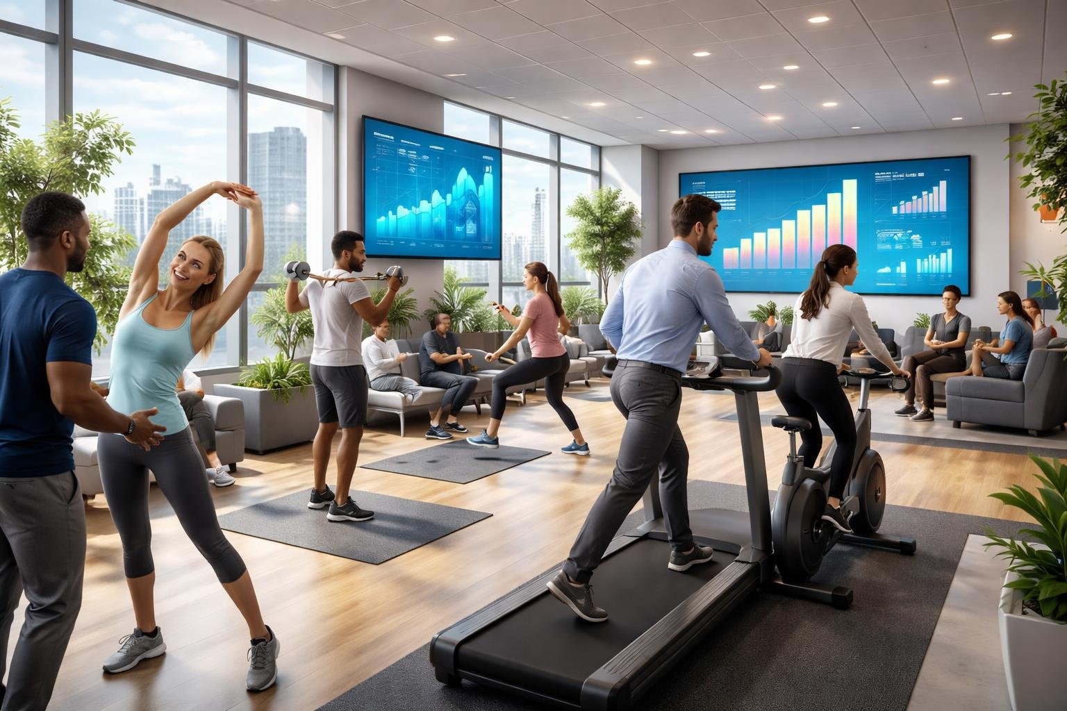 Ambiente de escritório corporativo com funcionários praticando exercícios em uma academia integrada ao local de trabalho.