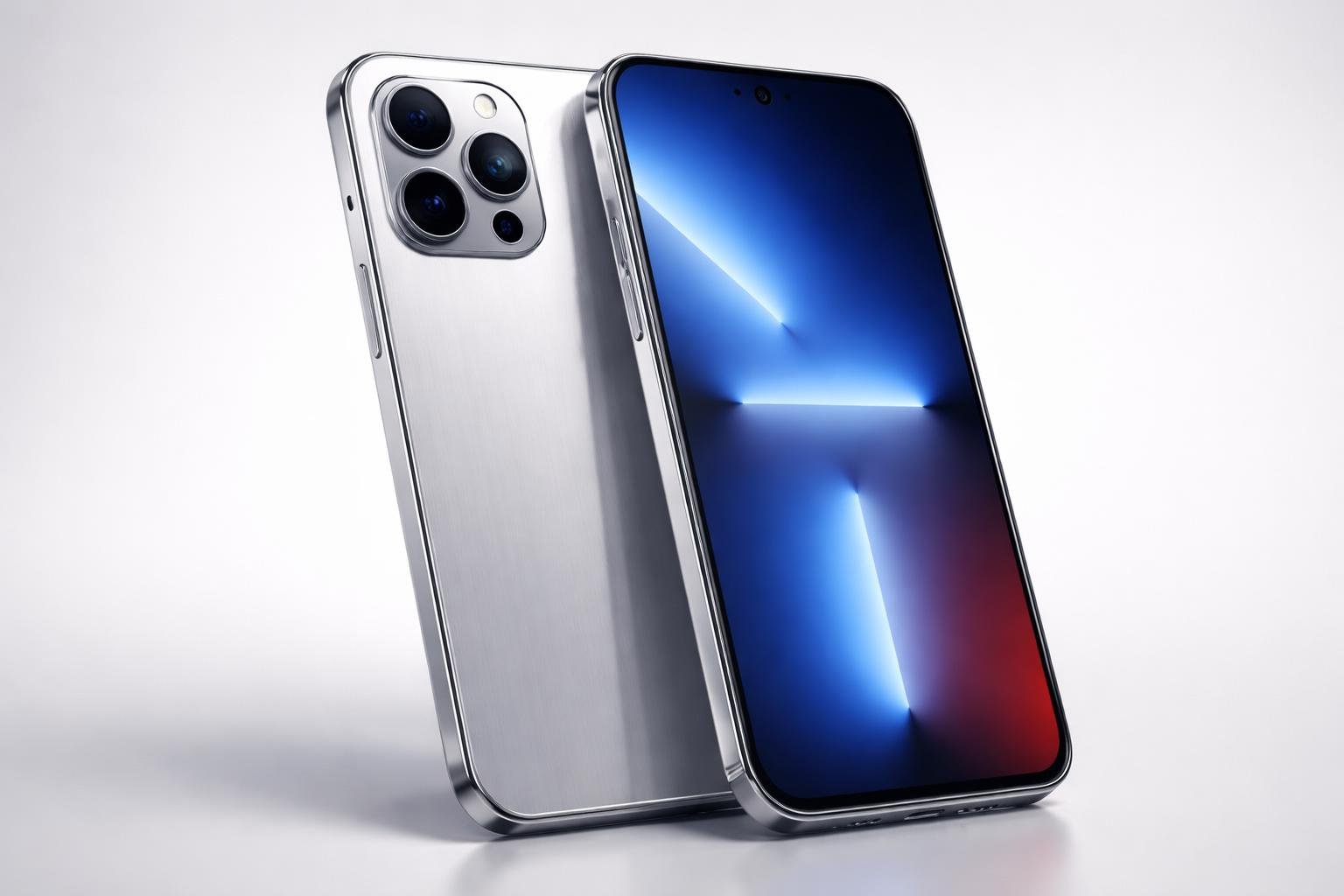 Um smartphone moderno com design americano, exibido em ângulo, com tela grande e corpo prateado em fundo neutro.