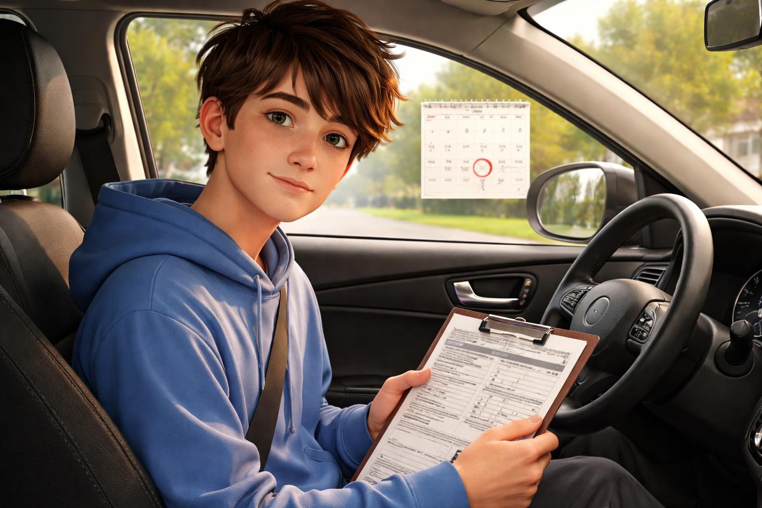 Jovem sentado no banco do motorista de um carro, segurando um formulário de pedido de carteira de motorista, com um calendário visível pela janela mostrando a data três meses antes do aniversário de 18 anos.
