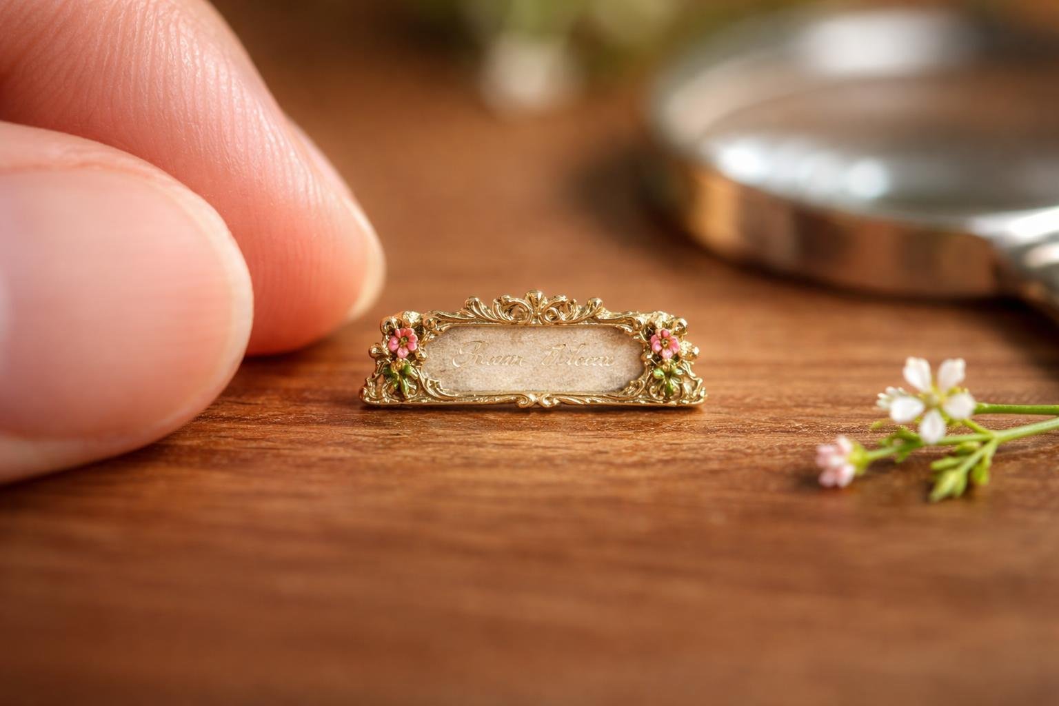 Uma pequena placa de nome delicada sobre uma superfície de madeira, com dedos humanos segurando-a para mostrar seu tamanho minúsculo.