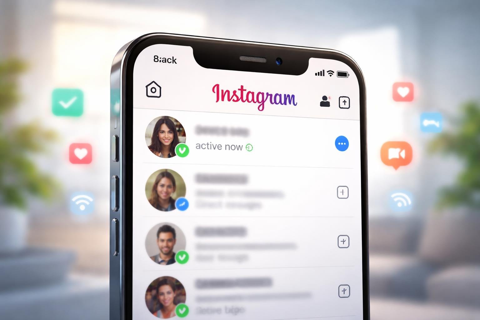 Um smartphone moderno exibindo a interface do Instagram com o indicador de usuário online visível na tela.