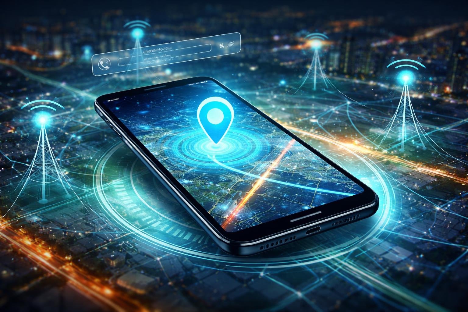 Um smartphone flutuando acima de um mapa digital com elementos holográficos mostrando rastreamento de localização e torres de celular ao fundo.